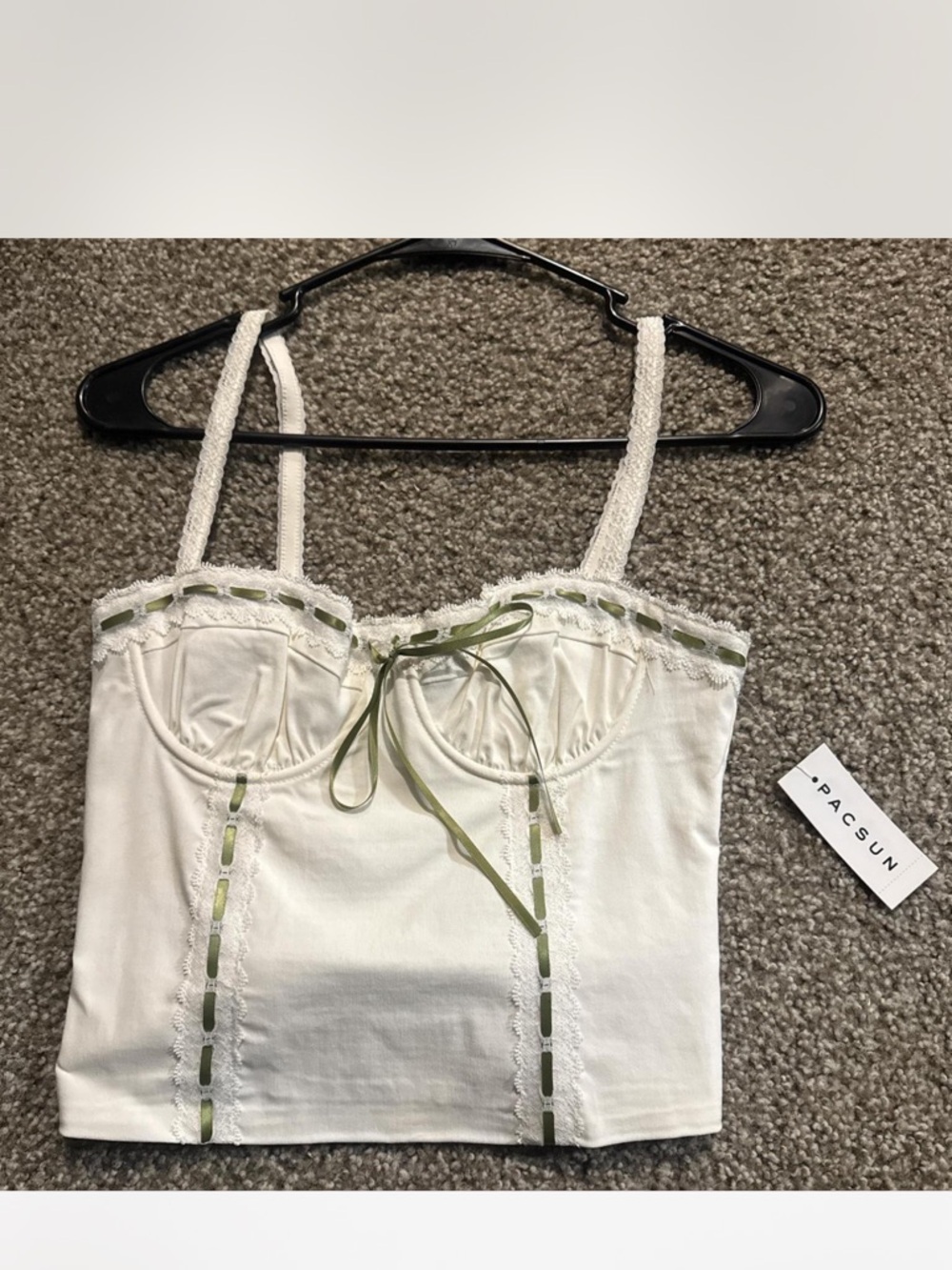 PacSun White Lace-Trim Cami with Olive Ribbon Detail